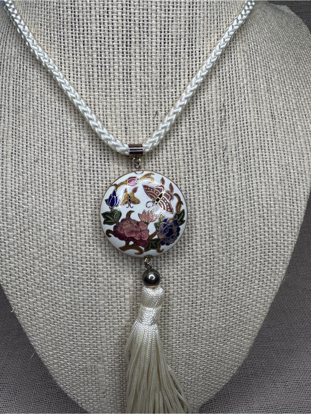VTG Cloisonné Enamel Butterfly & Peony Pendant Necklace with Silk Tassel